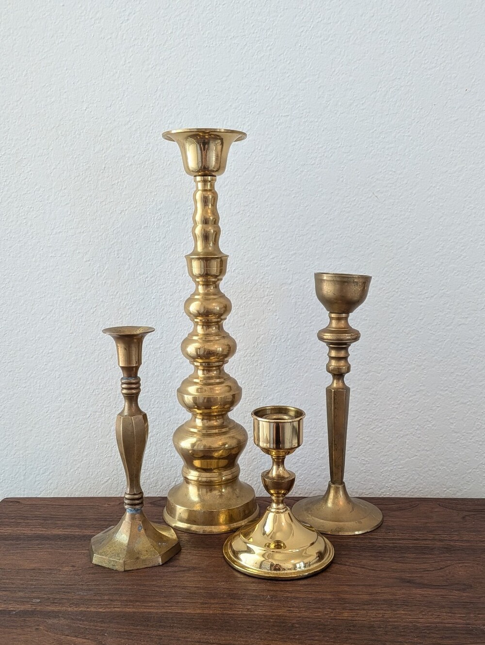 Lot Of 4 Assorted Solid Brass Taper Candlestick Holders Various Sizes Vintage